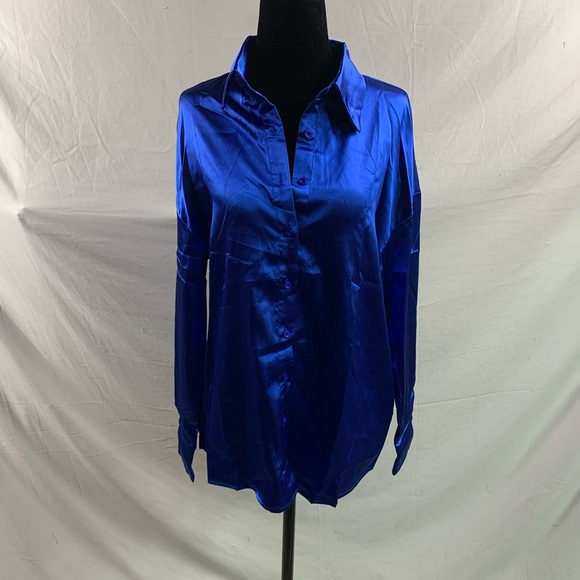 Button Front Drop Shoulder Satin Blouse Blue - Picture 6 of 9